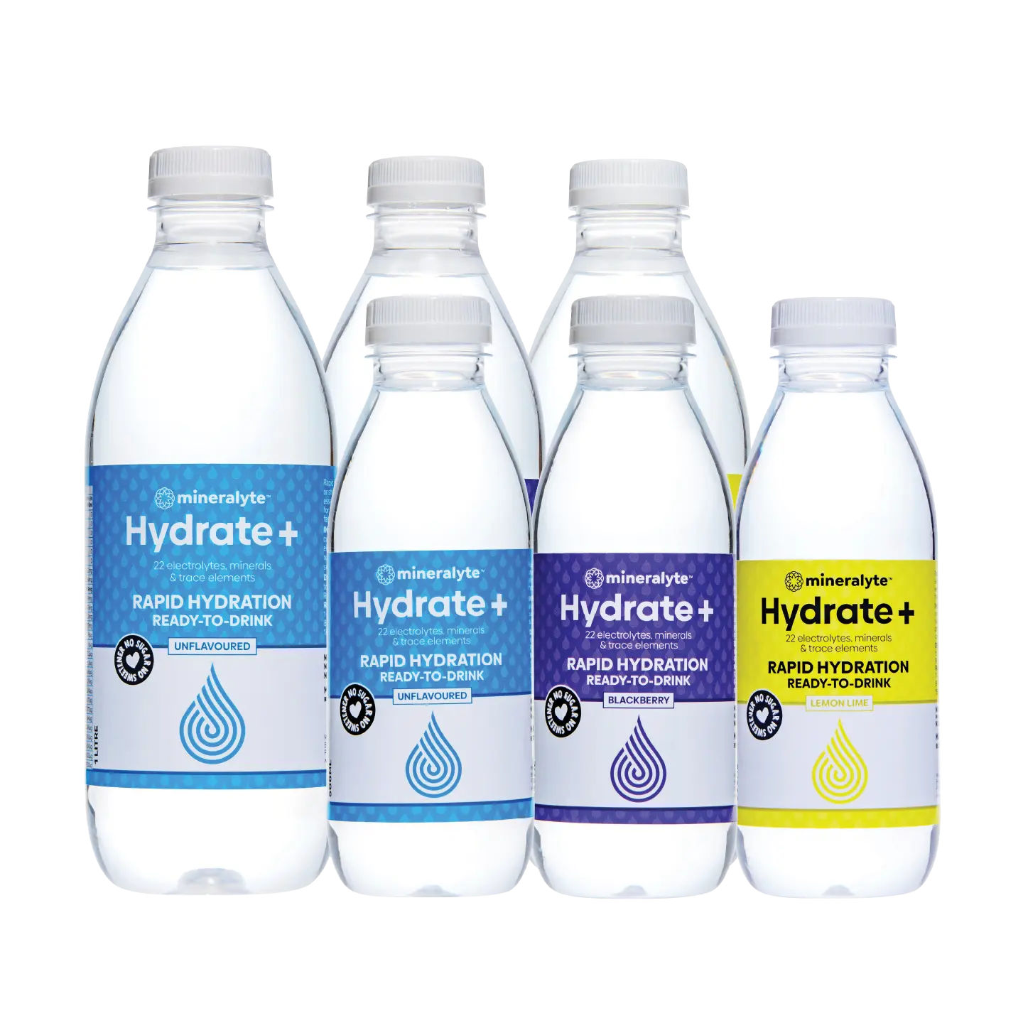 Hydrate+ Ready-to-Drink Range - 1L 500mL - Unflavoured, Blackberry, Lemon Lime